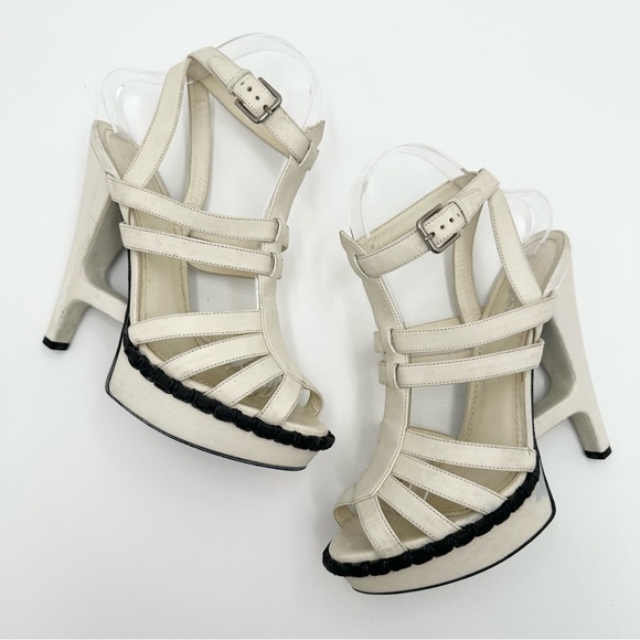 Yves Saint Laurent White Leather Strappy T Strap Heel Sandals - Picture 12 of 16
